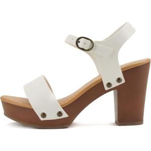 Soda CHIVAS ~ Women's Bold Buckles Studded Wedge Sandal (7.5, White Pu)
