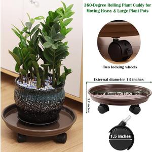 4 Packs Plant Caddy with Wheels 12" Plastic Rolling Stands Heavy-Duty Dolly with Casters Indoor Outdoor Coaster, Brown