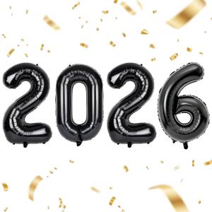 Black Foil 2026 Balloons-40inch with Glue Dot and Ribbon, Black Number Balloons for New Years Eve Party Supplies, Class of 2026 Decorations, Graduation Decorations 2026