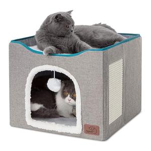 Bedsure Cat Beds for Indoor Cats - Large Cat Cave for Pet Cat House with Fluffy Ball Hanging and Scratch Pad, Foldable Cat Hideaway, 16.5x16.5x13 inches, Grey