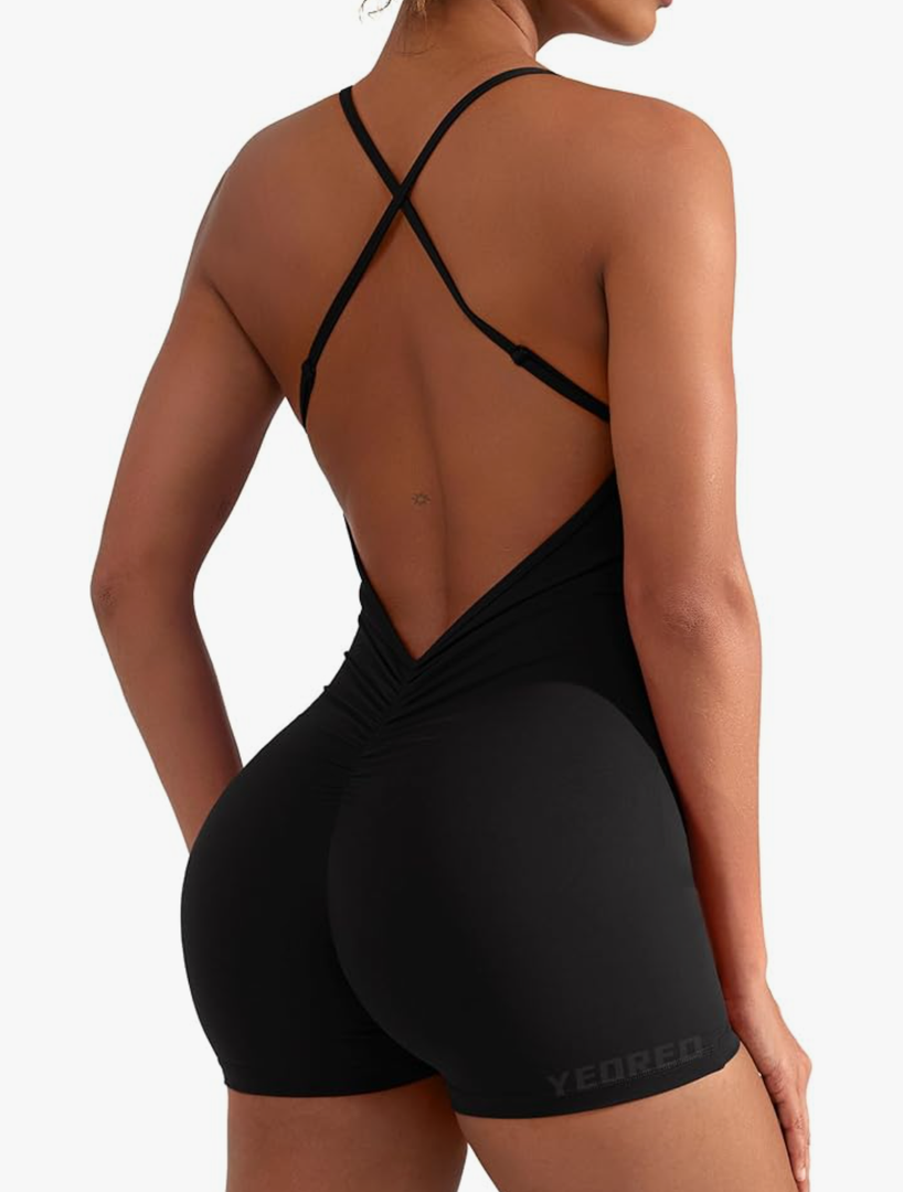 YEOREO Backless Tummy Control Jumpsuits for Women One Piece Workout Jumpsuits Sleeveless V Back Lizvette Scrunch Yoga Rompers, Size Small