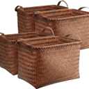 SKY-TOUCH 4pack Rectangular Rattan Storage Basket with Handle,Strong and Durable Hand-Woven Rattan Basket for Organizing, Storage and Organizer Baskets, Large, Coffee Color