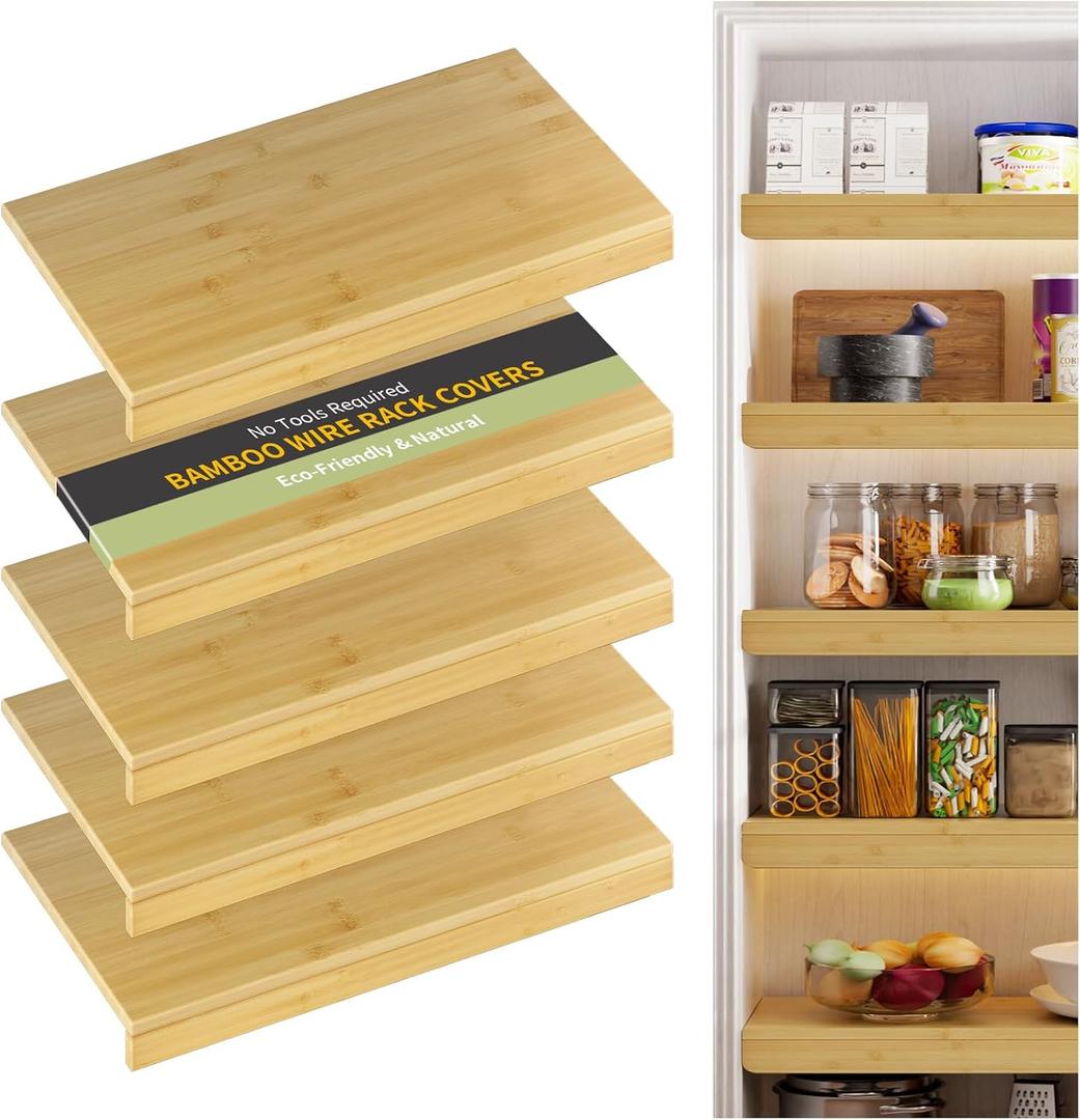 Wire Shelf Covers,30" W x 16" D,5pcs,Natural | Bamboo Wire Rack Covers for Pantry and Closet,Tool-Free,Snap-On,Durable