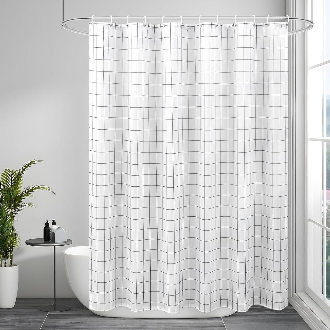 AooHome Extra Long Black and White Shower Curtain, 72 x 84 Inch Geometric Plaid Pattern Fabric Bathroom Curtain Liner with Hooks, Heavy Duty, Weighted Hem, Water Repellent, 72 Width by 84 inch Height