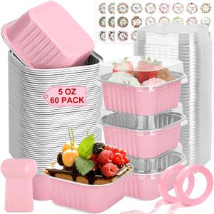 60 Pack Mini Cake Pans with Lids and Spoons, 5oz Square Aluminum Foil Loaf Pans Pink Small Cake Tins Disposable Baking Pans Dessert Cupcake Cups with Ribbon Decals for Wedding Birthday Party Picnics