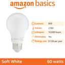 Amazon Basics A19 LED Light Bulbs, 60 Watt Equivalent, Energy Efficient 9W, E26 Standard Base, Soft White 2700K, Dimmable, 10,000 Hour Lifetime , 6-Pack