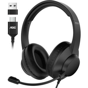 AOC USB Headset with Microphone for PC, Over-Ear Wired Headphones with Mic, Noise-Cancelling Boom, 40mm Audio Drivers, USB-A/C Compatibility for Office, Call Centers & Online Meetings (Black)