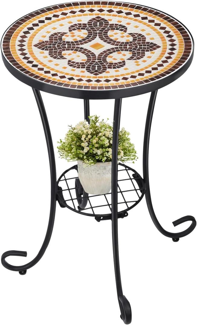 VCUTEKA Outdoor Side Table Mosaic Patio Table Accent Tables Mosaic Tile Top Metal Frame Small End Tables Porch Beach Patio Garden Balcony Tan