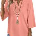 WIHOLL 3/4 Length Sleeve Womens Tops Boho V Neck Lace Shirt Trendy Blouses Dressy Casual Vacation Clothes  (Pink, S)