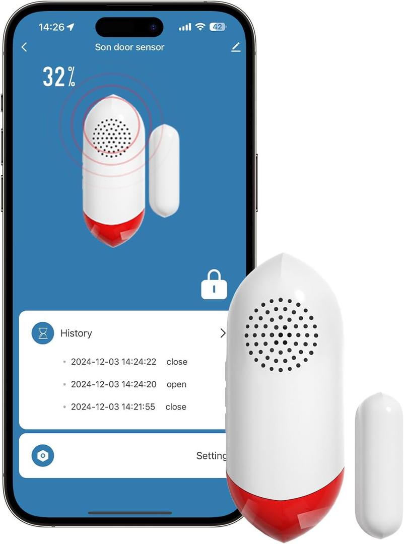 Smart WiFi Freezer Refrigerator Door Alarm with APP Alerts, No Subscription Fee, 0-60s Delay, Scheduled Arm/Disarm, 0-120dB Adjustable Siren with Light for Fridge/Home/Commercial