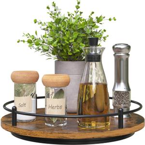 Lazy Susan Organizer10 Inch Rotating Spice Rack Decor for Kitchen Countertop Round Wooden Turntable Holder for Dinning Room, Living Room, Home Black