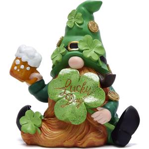 Hodao Green St Patricks Day Handmade Gnome 6" H Resin Standing Figurine for Spring-Irish Gnome Elf Scandinavian Yule Nordic Figurine Home Holiday Decorations Indoor Home Decor Green Gnome (Green)