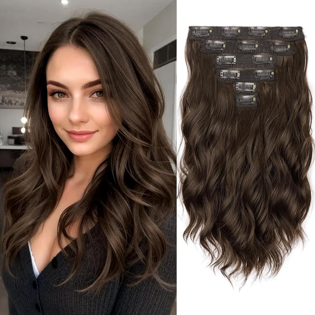 KooKaStyle Short Hair Extensions 6PCS 14 Inch Wavy Curly Hairpieces Synthetic Soft Lace Weft Clip in Hair Extensions-Chestnut Brown for Women