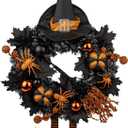 Halloween Wreath for Front Door 20" Tinsel Black Witch Wreath with Hat Legs and Orange Pumpkin for Fall Autumn Indoor Window Door Thanksgiving Halloween Decorations