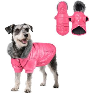 PETLESO Dog Coat for Small Dogs, Winter Dog Jacket Cold Weather Windproof Warm Puffer Jacket with Leash Hole, Button Fixable Hat, Pink XL