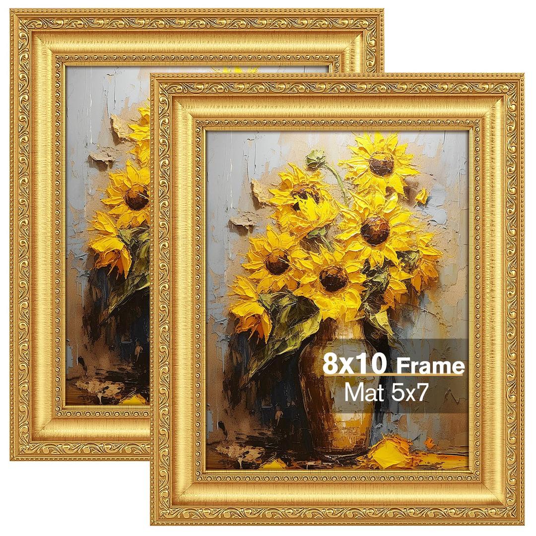8x10 Gold Picture Frame Set of 2, Ornate Vintage 8 x 10 Photo Frame for Wall Decor or Tabletop Display, 8x10 Gold Frames with Real Glass, Display 5x7 Pictures with Mat or 8x 10 without Mat for Antique Déco