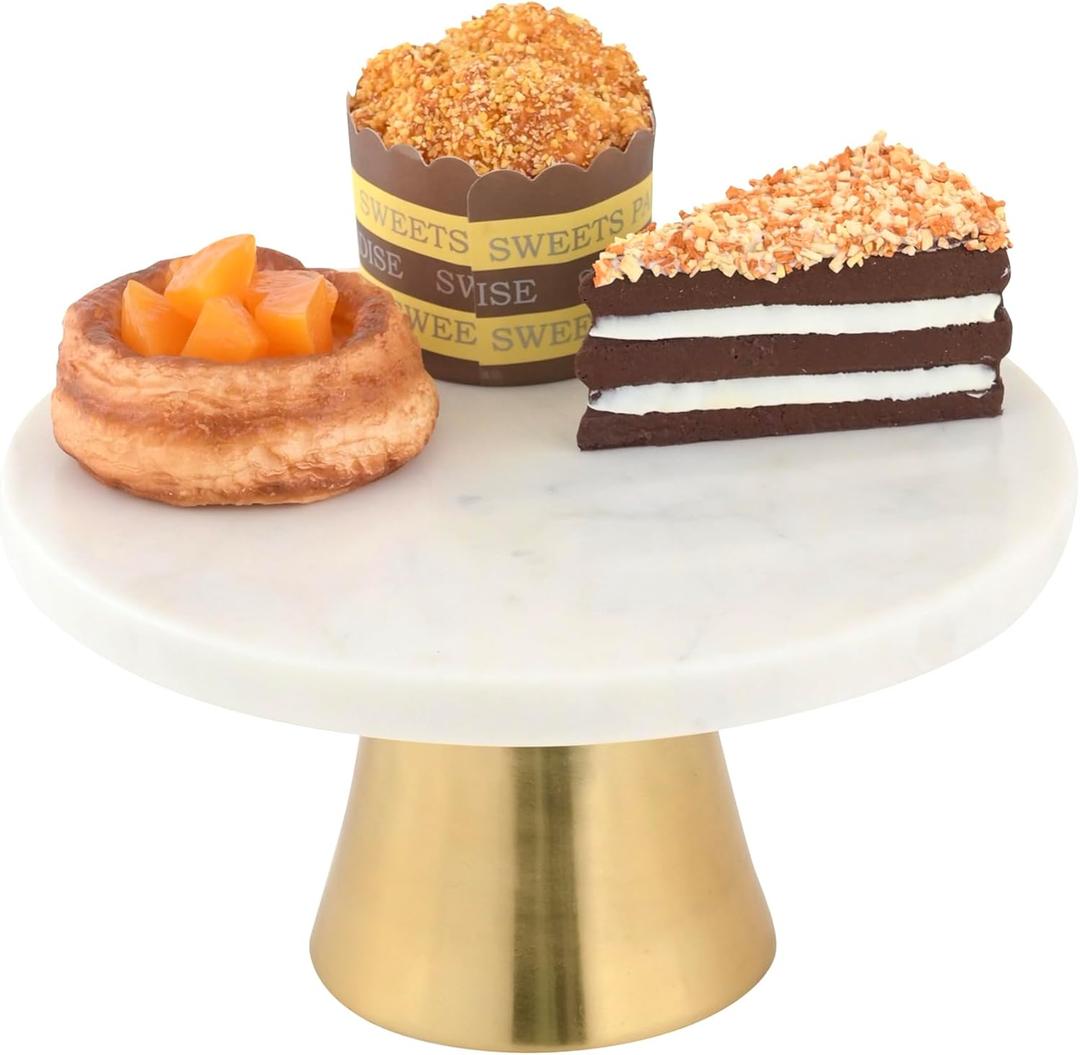 Cruiser’s Caché | 9-Inch Marble Cake Stand | Natural White Marble with Gold Base | Round Dessert Stand, Cupcake Stand for Birthday Parties, Weddings, Baby Shower and Other Events, White and Gold