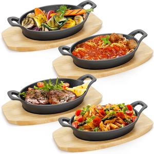 4 Pack Mini Cast Iron Fajita Skillet Set, 8.5 x 6.1 Inch Sizzling Plate with Wooden Base, Small Oval Casserole Dishes, Cast Iron Pizza Baking Steak Pan for Stove, Oven, Grill