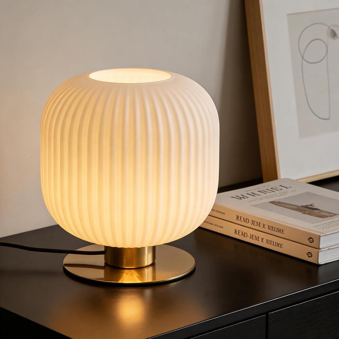 Milk Glass Table Lamp White Globe Table Lamp Mid Century Modern Lamp Gold Desk Lamp Vintage Bedside Lamp Small Nightstand Lamp Side Table Lamps for Bedroom Living Room Study End Table