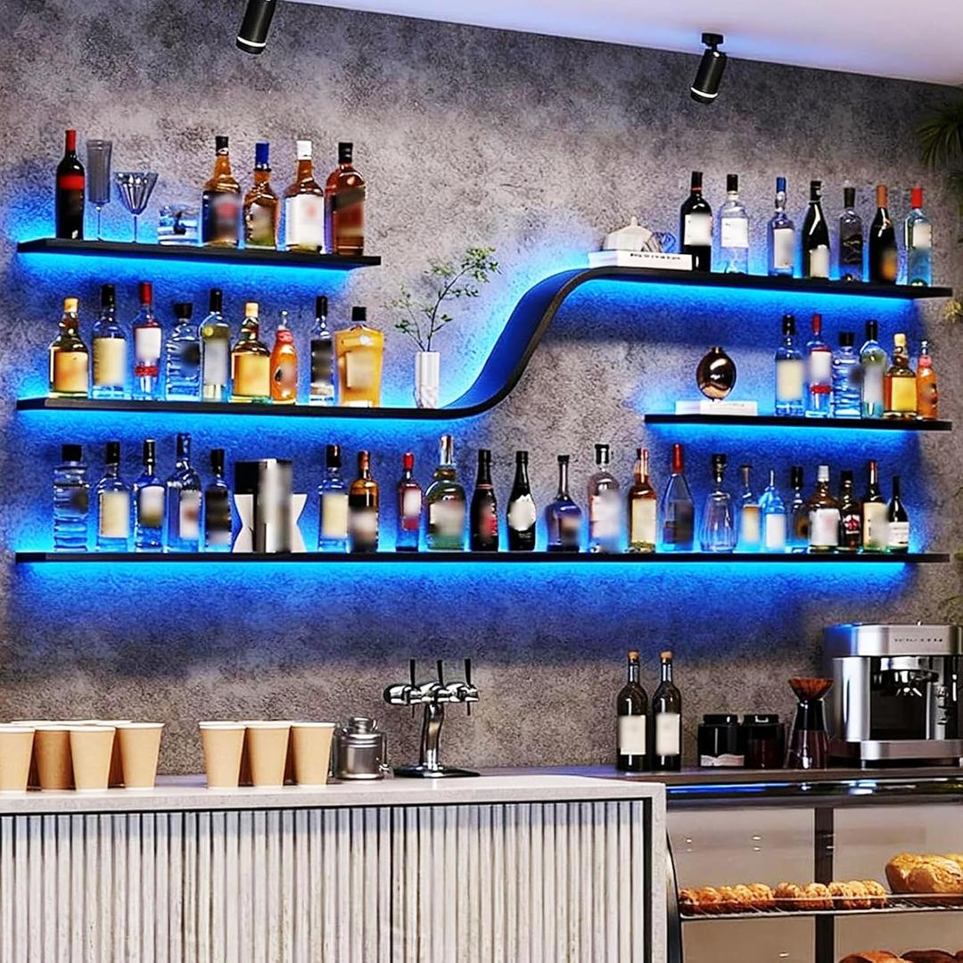 Wall Mounted Wine Rack with LED Lights, Modern Curved Design Floating Bar Shelves, Large Hanging Liquor Display Storage Organizer for Home Bar Coffee Shop Kitchen (Black, 120cm/47in)