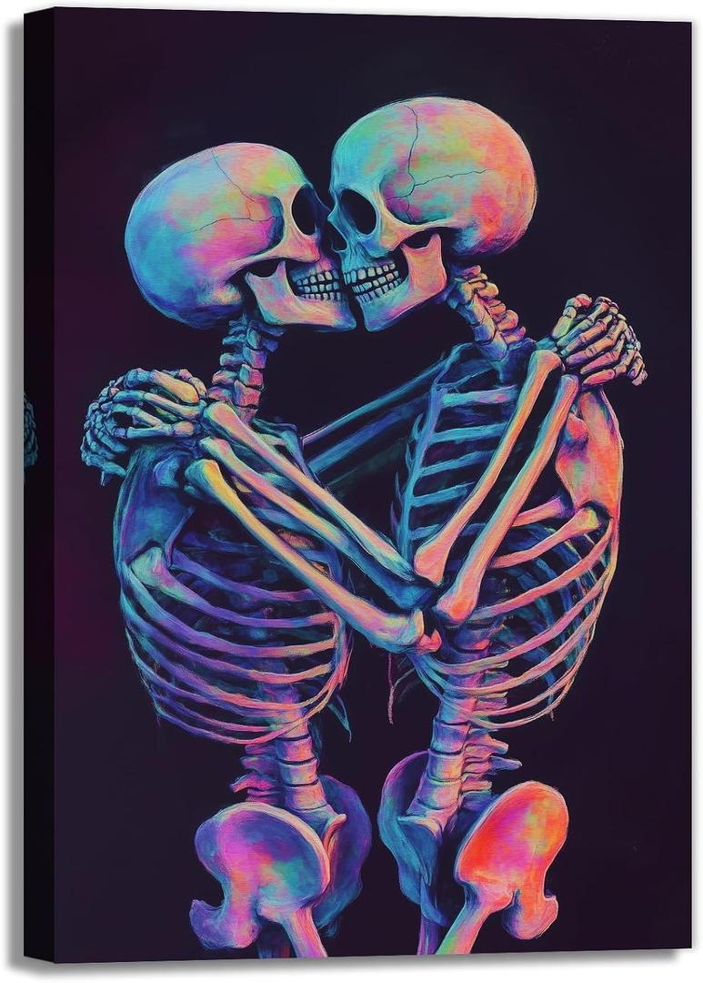 Skeleton Wall Art Kissing Skull Art Poster Skeleton Lover Picture Print On Canvas Abstract Horrible Theme Painting Framed Artwork Living Room Decor(Artwork-3,12"x18")