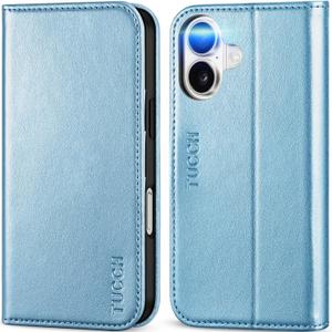 TUCCH Wallet Case for iPhone 16, Kickstand PU Leather Flip Folio Cover 3 Credit Card Holder RFID Blocking [Shockproof TPU Interior Case] Compatible with iPhone 16 5G 2024, Pearly Light Blue