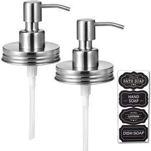 Amolliar Mason Jar Liquid Soap Dispenser Lid, Rustproof Stainless Steel, Cute Farmhouse Decor for Kitchen, Bathroom, Refill Liquid Soap Pump for Hand Soap, Dish Soap, Lotion Soap, Brushed Nickel 2Pack