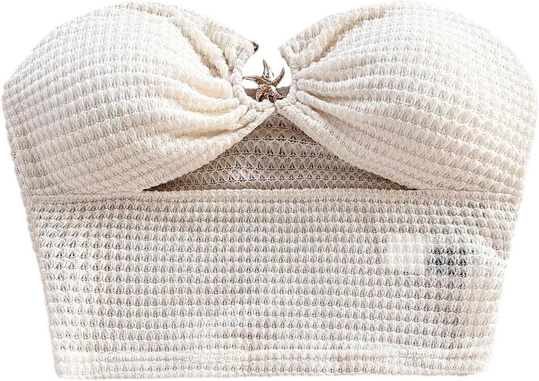 SweatyRocks Women's Cut Out Sexy Crop Tube Top Textured Bandeau Sleeveless Strapless Top (White, L)