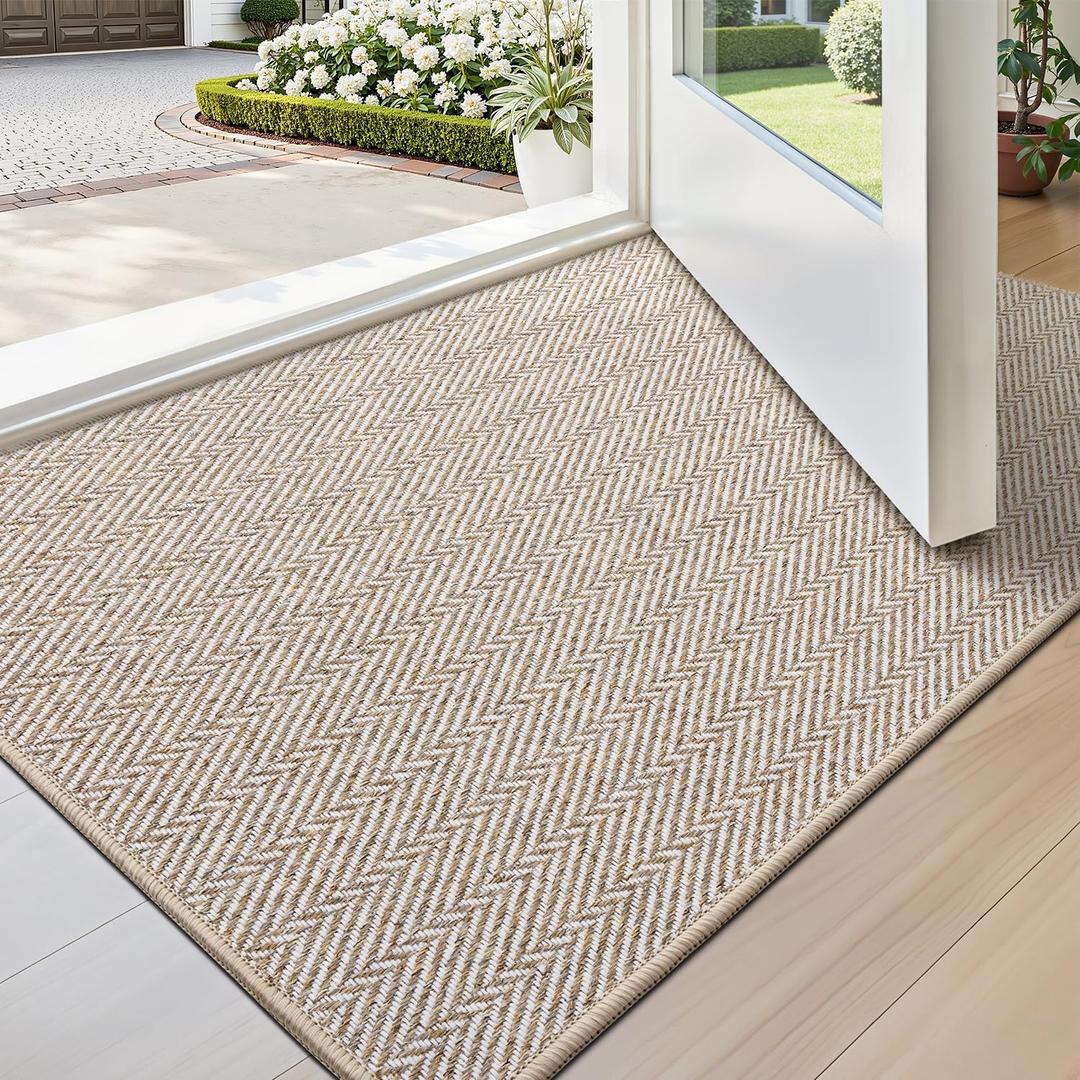 LUMI Ultra Thin Indoor Door Mat for Entrance 17"x30", Non Slip Entryway Mat, Low Profile Doormat, Unique Herringbone Design Carpet for Inside, Patio, Porch, Beige