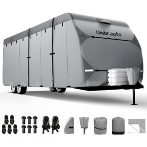 Umbrauto RV Cover 14-16ft: 7 Layers Travel Trailer Cover, Waterproof Camper Cover, Toy Hauler Cover with Tongue Jack Cover, Extra Windproof Ropes, Gutter Covers