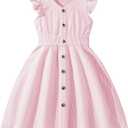 Girl Summer Striped Dress Ruffle Sleeve A Line Swing Casual Midi Dresses Pink 11-12Y (Pink)