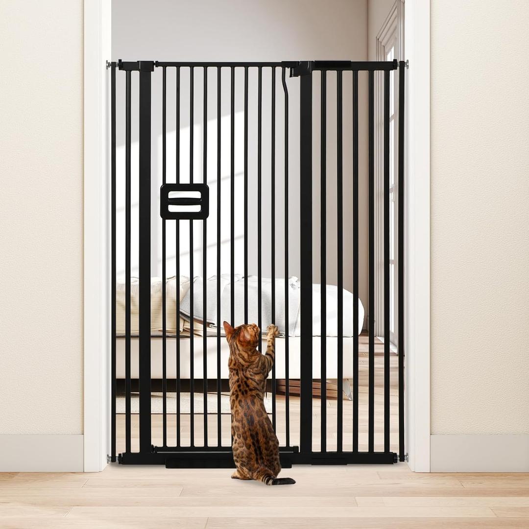 SMONTER 55" High Extra Tall Baby Gate, Safety Cat Gate for Doorways, Expands to 38.6"-42.5" Wide, Auto Close Dog Gate, No Drilling Pressure Mounted Cat Fence, Pet Gate Indoor for Stairs, Black