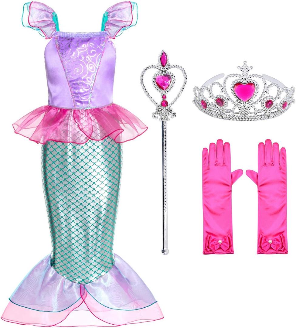 Little Girls Mermaid Princess Costume for Girls Dress Up Party with Gloves,Crown Mace (7-8 Years, Pink-29)