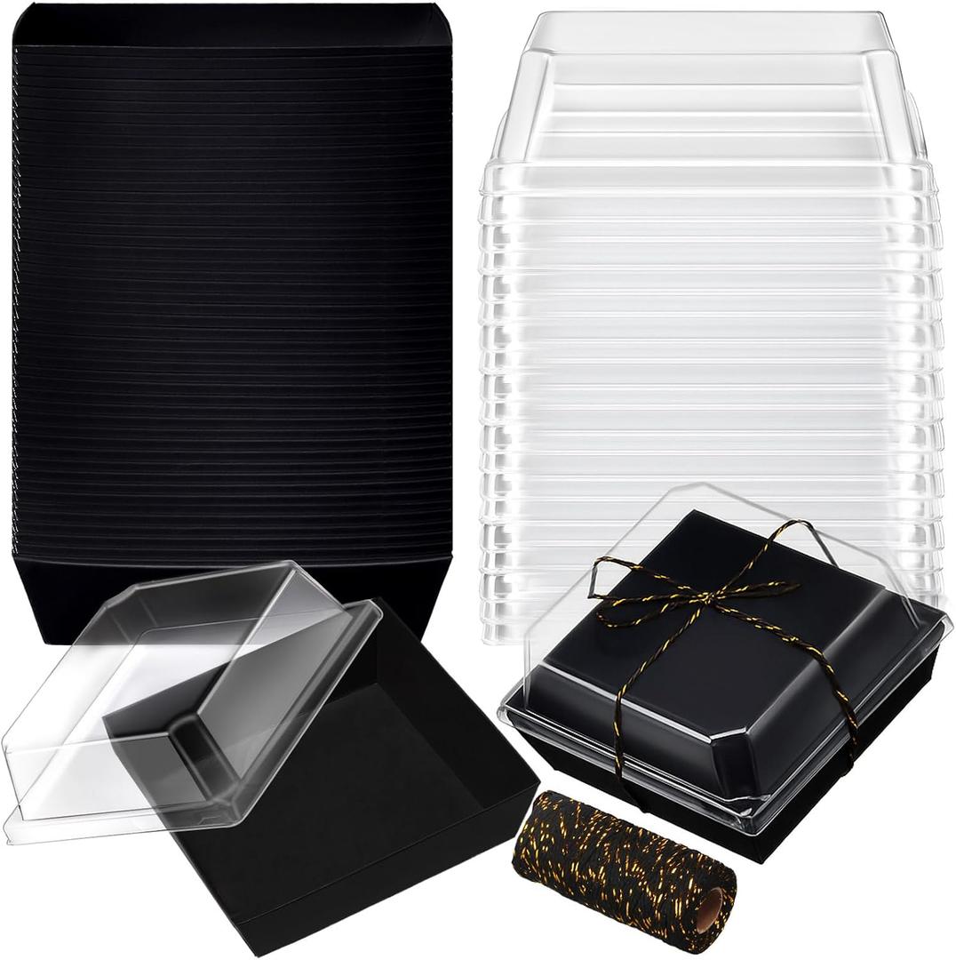 Ctosree 100 Pcs Paper Charcuterie Boxes with Clear Lids 4.5 Inches Disposable Cake Square Dessert Container Bakery Boxes Bundle with Rope for Food Cake Slice Cookie Sandwich Dessert(Black)