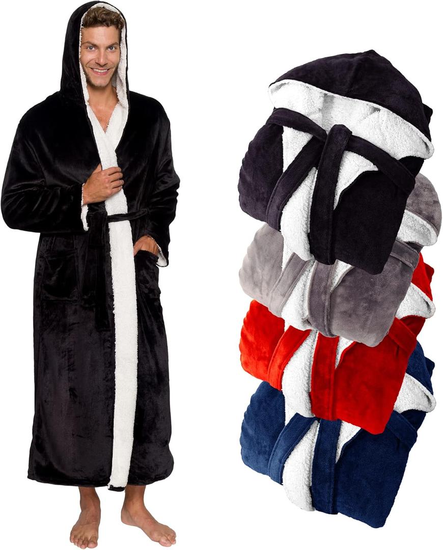 Ross Michaels Mens Robe Big & Tall Sherpa Lined Hooded Robe - Long Plush Fleece Bathrobe (Black Sherpa, Large) 