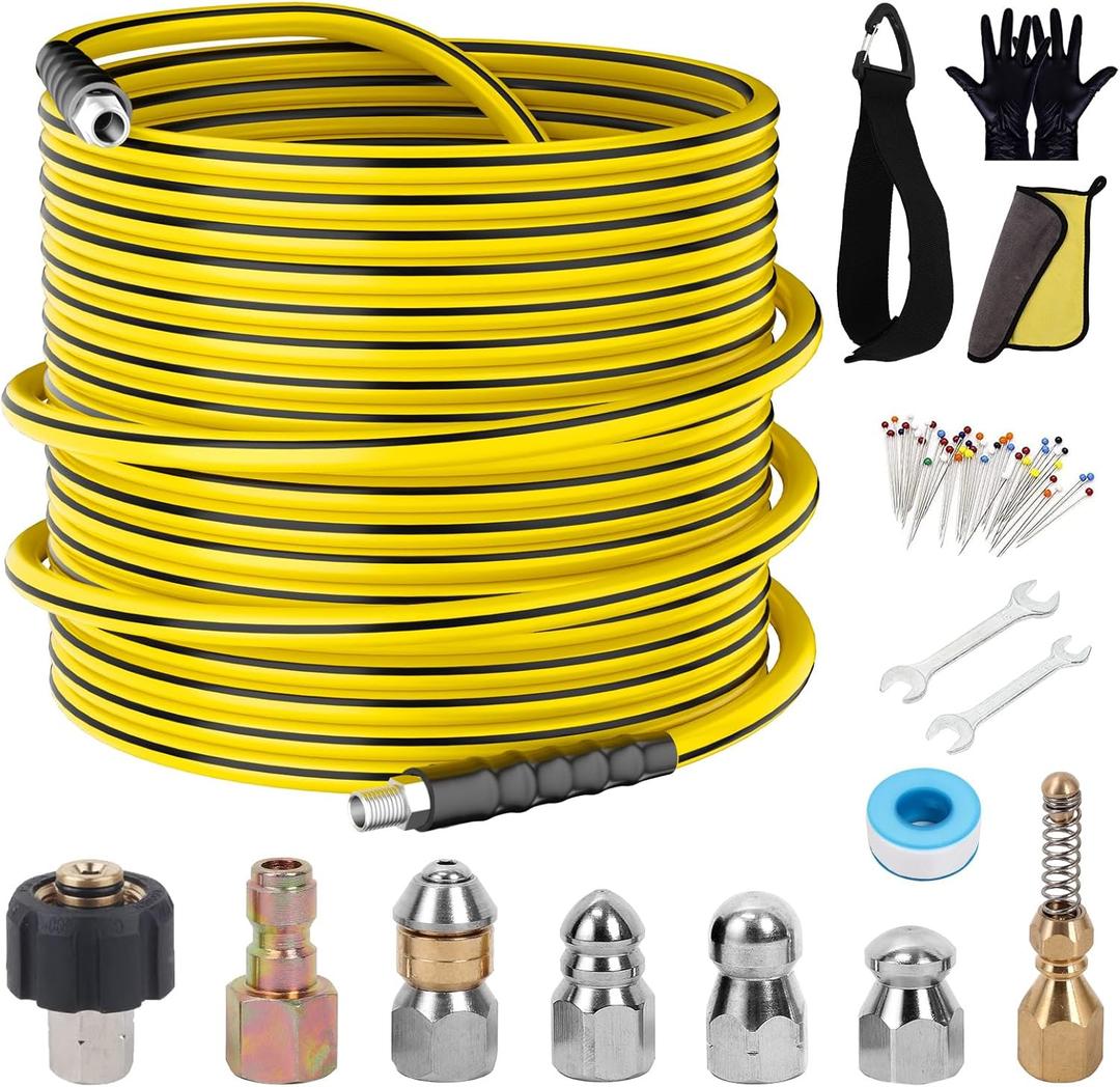 Sewer Jetter Kit for Pressure Washer,Water Jet Drain Cleaning Hose with Corner Rotating Button Spring Nose 1/4" NPT Sewer Cleaning Tool High-Pressure Nozzles,5800 PSI 100 FT (Yellow)