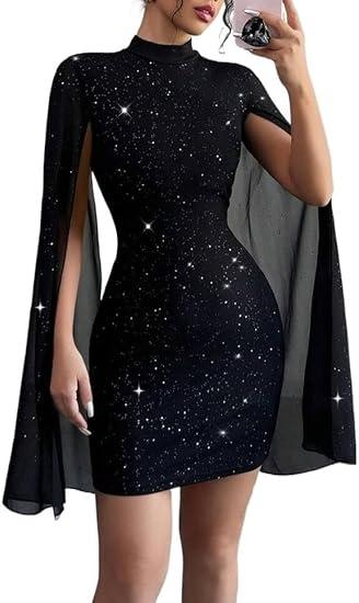 Women's Sexy Glitter Mini Dress Mock Neck Cloak Sleeve Cocktail Shimmering Elegant Dresses Wedding Guest Party Evening, XL