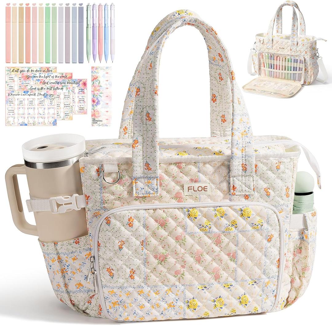 Large Bible Bag for Women Bible Cover Case, Quilted Puffer Bible Tote Bag Church Bag w/Shoulder Strap, Bible Study Supplies Journaling Kit Accessories Tabs, Mothers Day Christian Gifts for Women Mom, Spliced Flower 13.4"L x 5.5"W