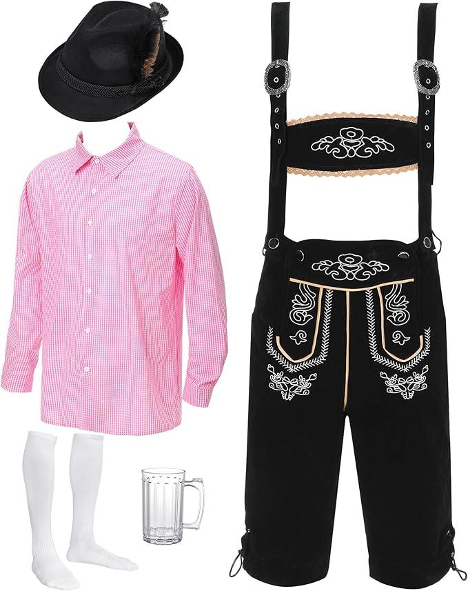 Toulite German Oktoberfest Costume Set Men Lederhosen Outfit Plaid Shirt Bavarian Hat Socks Beer Mug for Festival 2XL