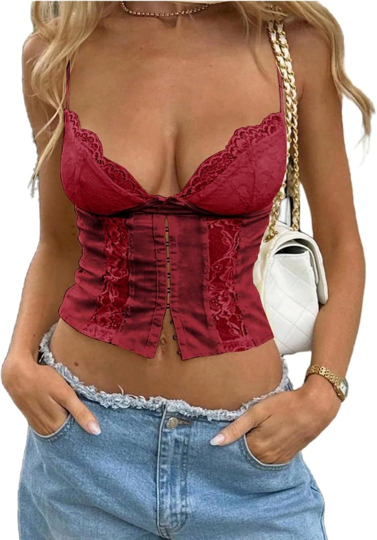 WDIRARA Women's Lace Low Cut Cami Crop Top Sexy Y2k V Neck Going Out Camisole Tops (Large, Burgundy)