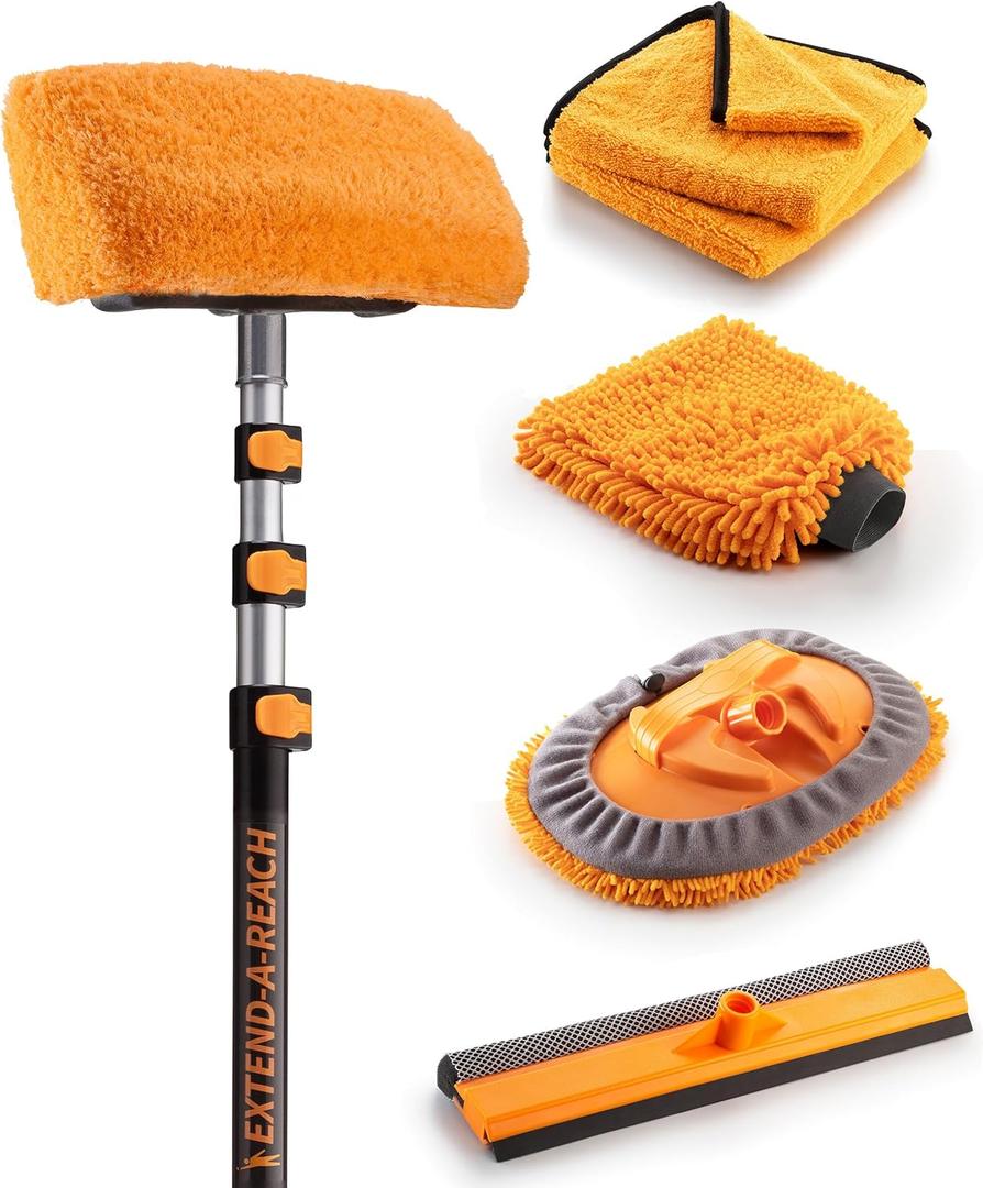 Car & RV Wash Brush Kit 48-144 Long Extendable Handle Car, RV, Truck Washing Kit with Extension Pole - Microfiber Car Mop, Soft Washing Brush, Window Squeegee, Mitt, The Ultimate RV-Wash Cleaning Kit