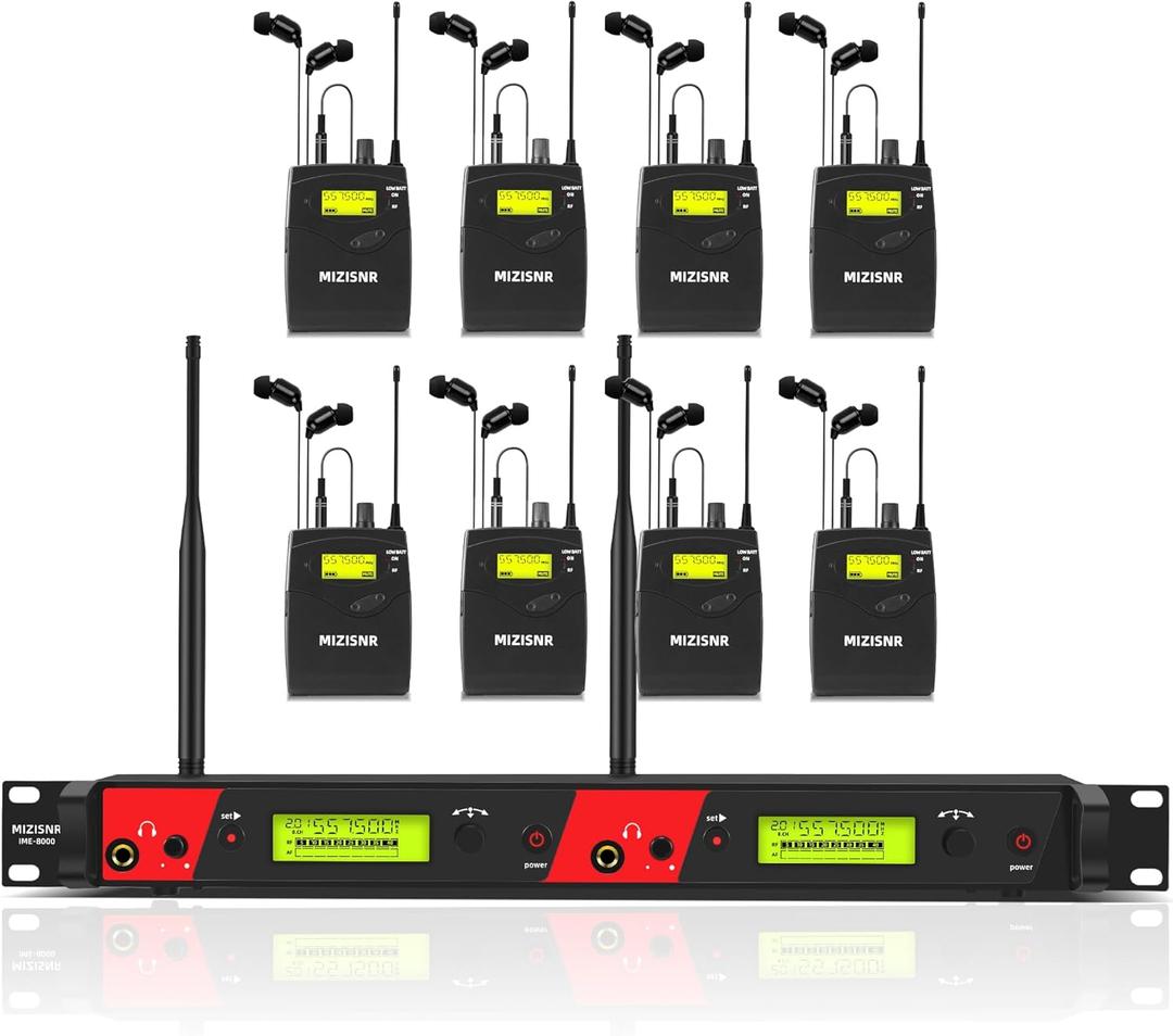 Wireless in Ear Monitor System, 2 Channel 8 Bodypacks Pro Mono IEM System for Musicians, Metal Rack Mount Monitor w/ 2x40 UHF Frequencies, 330ft Range for Band, Stage or Studio (IME-8000)