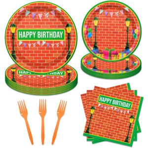 96Pcs Sesame Friends Birthday Party Supplies,include Dessert plate Plate Napkin and Forks,Disposable tableware set Serves 24 Guests,Used for Cookie Party Decoration