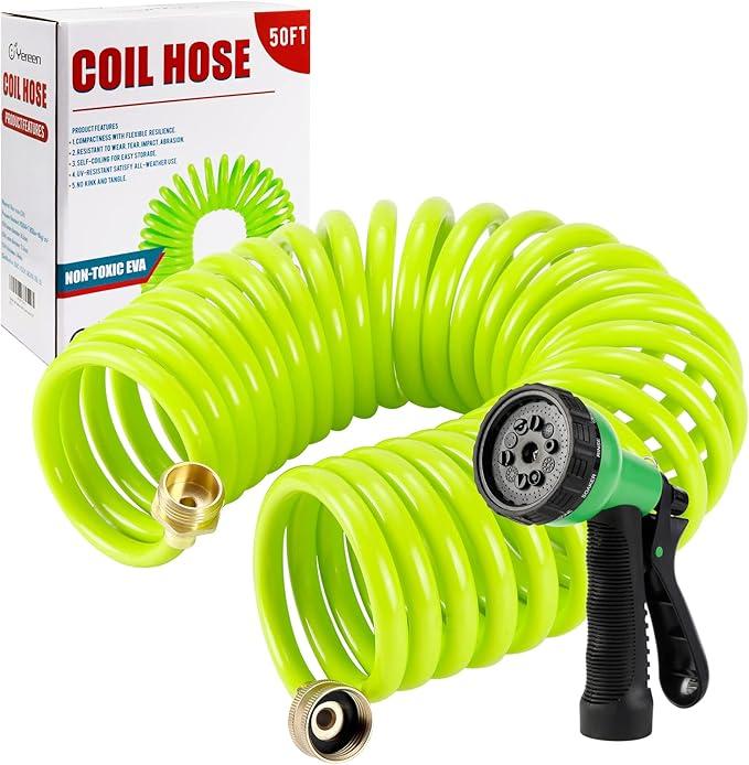 Recoil Garden Water Hose 3/8"ID x 50ft Premium With 3/4"Inch Brass Fittings Retractable, Swivel Female, Outdoor Patio Hose Marine&Boat, Transparent Green(25')
