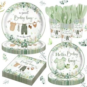140PCS Greenery Baby Boy Shower Decorations Tableware Set, Boho Greency Party Decorations Tableware Set Dessert Plates Napkins Forks for 20 Guests