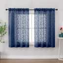 Gwine Navy Blue Curtains 45 Inch Length 2 Panels, Light Filtering Leaf Clip Jacquard Textured Short Window Curtains, Rod Pocket Farmhouse Window Treatments Curtain for Bedroom Living Room, 42" Wx45 L