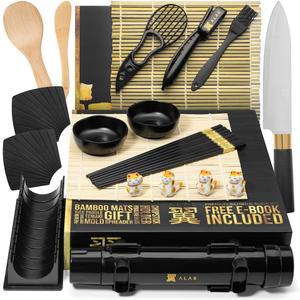Alas Sushi Making Kit- Complete Sushi Making Kit for Beginners & Pros Sushi Makers, Perfect Sushi Making Kitchen Accessories Like Sushi Knife, 2 Sushi Mats, Rice Bazooka, Dipping Plate, & More (Black)