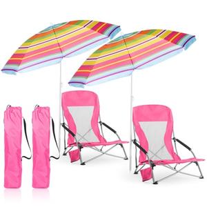 Huwena 2 Pack Beach Chair for Adult with 2 Umbrella Low Folding Chair Detachable Adjustable Lightweight with Armrests Cup Holder Carry Bag Portable for Sand Camping Travel Outdoor Pool(Rose Red)