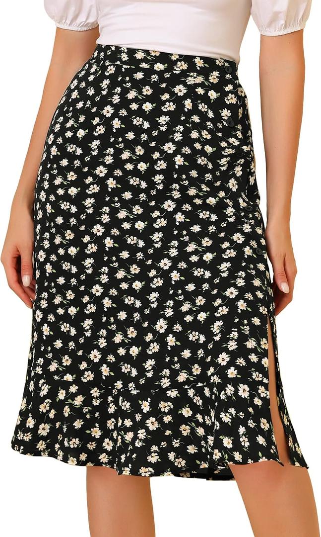 Allegra K Women's Floral Midi Skirts Summer Ruffle High Waist Flowy A-Line Split Knee Length Skirt, X-Large, Black