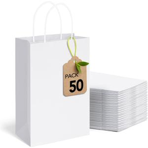 MESHA White Gift Bags 5.25 x 3.75 x 8 Inch 50 Pack,Small Paper Shopping Bags with Handles Bulk,Heavy Duty Reusable for Business, Birthday, Wedding, Party Favors, Made in USA